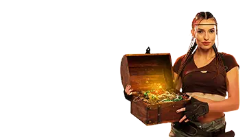 A treasure hunter character holding a chest full of gold and jewels represents the welcome bonus at Eldorado Internet Casino. New players receive rewards for registration and their first deposit.